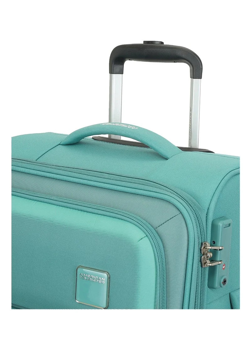 American Tourister green Seville Suitcase, Cabin Size 57 cm / 20 inch, 4 Wheels, Soft Top, Polyester, Green|TSA Lock|Front Storage Compartment|Inner Mesh Zippered Pocket - 3 Years International Warranty  | Best Price UAE